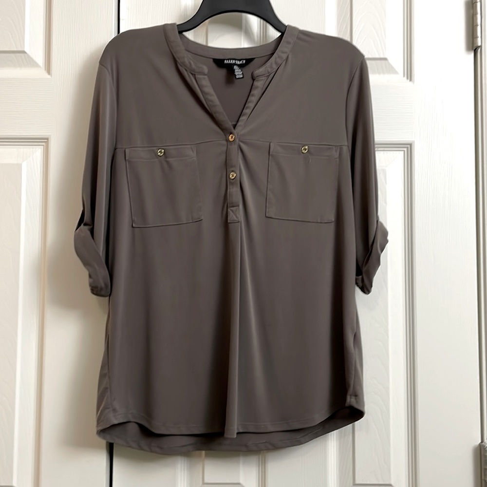 Gray, half length roll up sleeve with button detail
